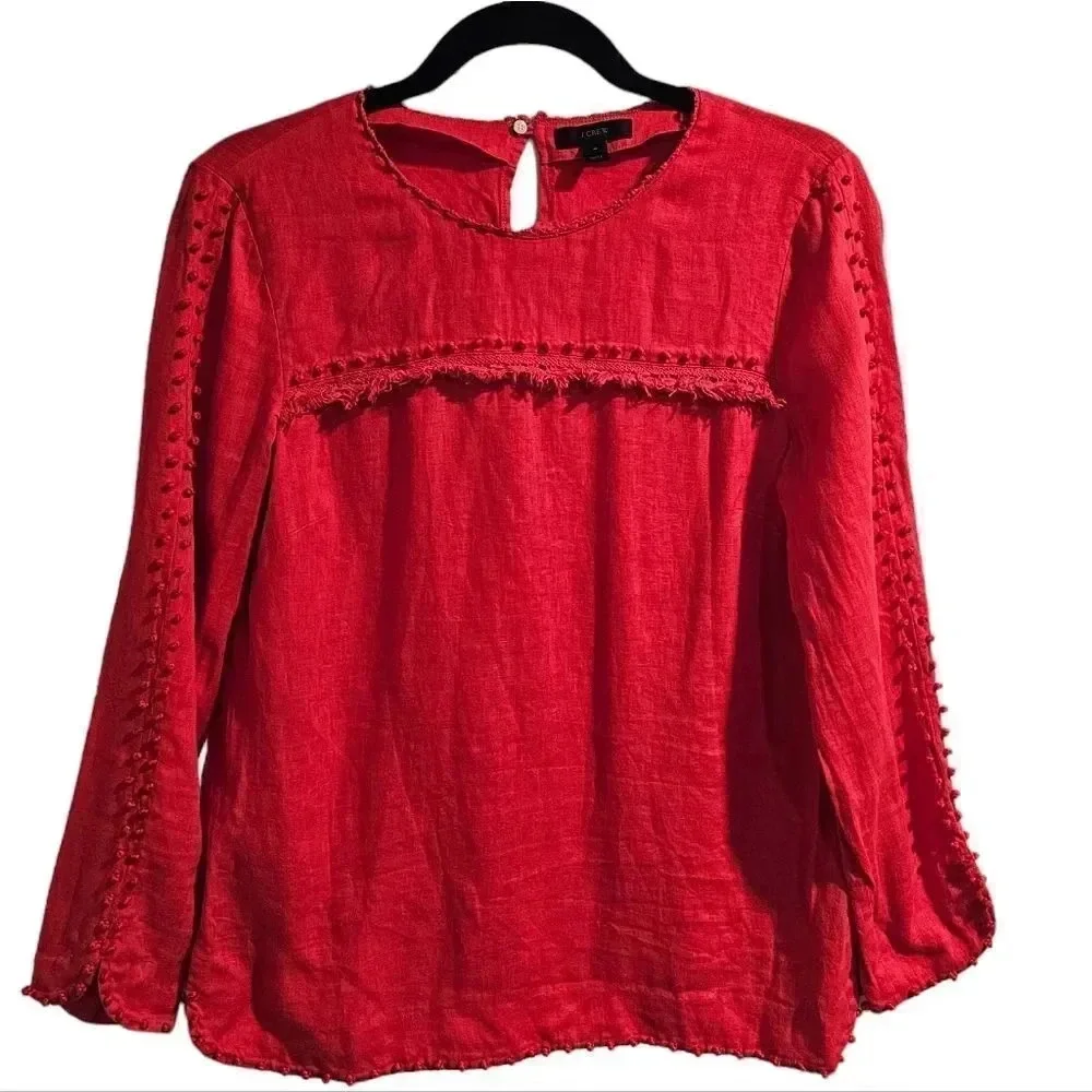 J.Crew Red 100% Linen Embroidery French Knot‎ Fridge Blouse Size 4